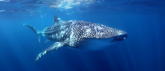 Whale shark swimming in deep blue ocean water scenery