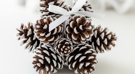 Festive pinecone ornament decorated with snowy tips and a delicate white ribbon for holiday decor