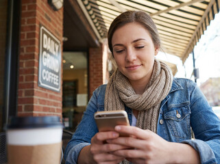 Young woman using smartphone in front of cafe 