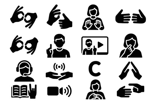 Collection of sign language symbols and communication icons