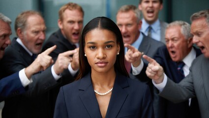 Fototapeta premium Confident professional woman standing calm among angry arguing men, symbolizing leadership strength, emotional intelligence, resilience, workplace conflict management, pressure resistance