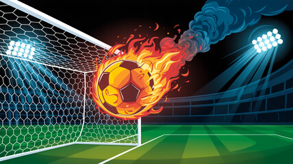 A dramatic sports illustration of a flaming soccer ball flying through a goal net at night.
