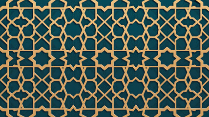 Intricate Golden Islamic Geometric Pattern Background with Star Motifs and Hexagonal Shapes on Teal