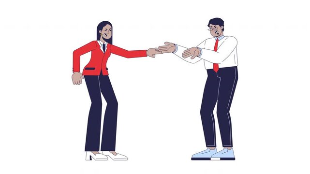Coworkers arguing cartoon animation. Workplace confrontation. Business woman accusing male colleague in heated discussion animated flat 2D characters 4K video isolated on white, scene storytelling