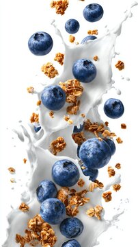 Blueberries and granola splash in white yogurt during breakfast time on a bright day in a kitchen setting