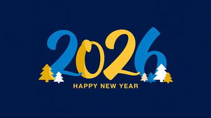 A modern New Year greeting design with the number 2026 in a stylized blue and gold color scheme against a deep navy blue background.