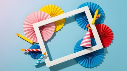 Colorful paper fan arrangement with white frame