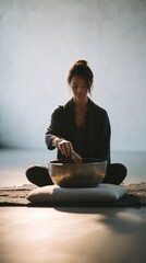 Woman gently striking a singing bowl while seated on a cushion, creating a tranquil atmosphere in a softly lit space with calming ambiance