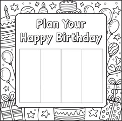 Happy birthday coloring page for kids with celebration doodle, balloons and cake decorated party gifts design elements