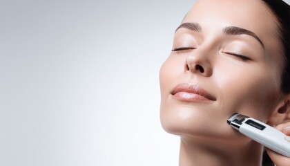 Woman with smooth skin enjoys facial treatment, showcasing a beauty device gliding along her jawline, emphasizing contour and skincare routine
