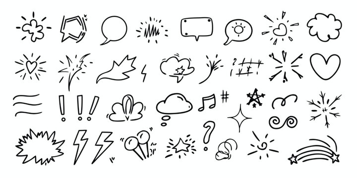 Doodle weather icons with hand draw cute sun and cloud. Sketchy line art rain and snow with scribble rainbow and storm. Outline vector signs thermometer and windy, sunny in kid drawn style