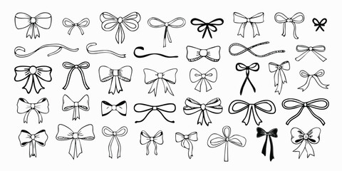 Whimsical bow. Doodle ribbon tied bows for wedding and birthday invitation, Valentines card in vintage coquette style. Romantic retro sketch elements. Vector isolated set © RABBI