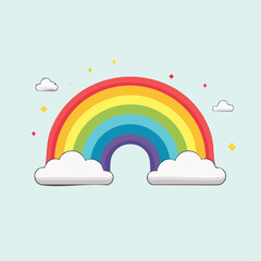 A colorful rainbow with clouds on a light blue background, with small stars and geometric shapes scattered around.