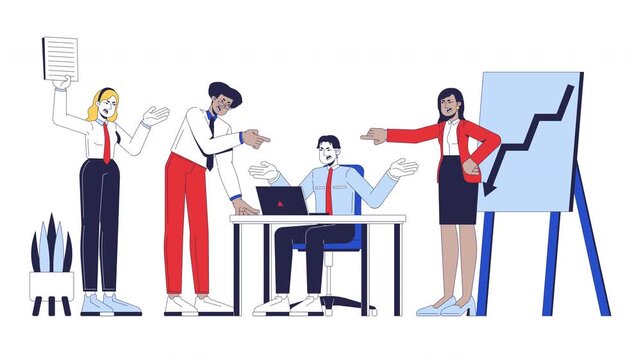Toxic team dynamics cartoon animation. Heated office meeting. Workplace conflict. Diverse group blaming colleague over business failure animated flat 2D characters 4K video isolated on white, scene