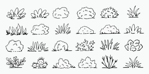 Grass and bush outline tree doodle for lawn vector cute landscape with hand drawn plant and minimal silhouette. Greenery line art for jungle, park and garden. Cartoon sketch and scribble vector set © RABBI