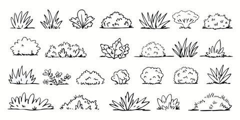 Grass and bush outline tree doodle for lawn vector cute landscape with hand drawn plant and minimal silhouette. Greenery line art for jungle, park and garden. Cartoon sketch and scribble vector set