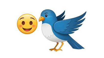 Fototapeta premium Smiling blue bird with emoji face, cheerful animal illustration, digital art style