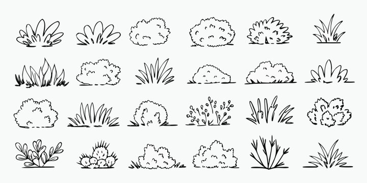 Grass and bush outline tree doodle for lawn vector cute landscape with hand drawn plant and minimal silhouette. Greenery line art for jungle, park and garden. Cartoon sketch and scribble vector set