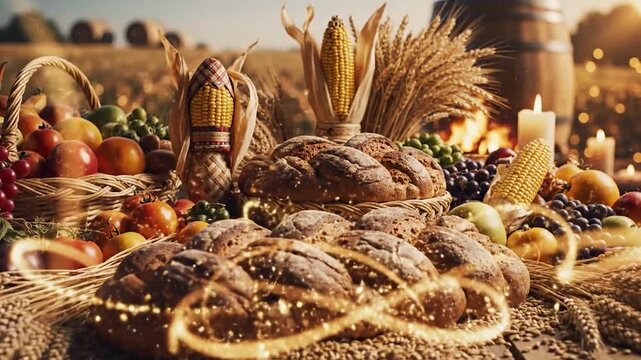 Harvest bread display with seasonal fruits