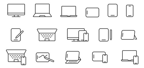 スマホとノートパソコンとデスクトップのデバイスの編集可能なラインアイコン © marutan
