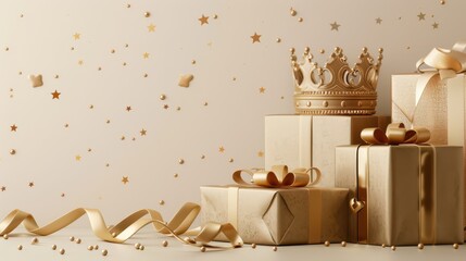 Elegant celebration of epiphany three kings day with golden gifts and crown. Horizontal banner. Copy space. Template with crowns and gift boxes for Three Kings Day. Free space for text