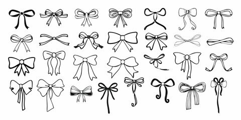 Whimsical bow. Doodle ribbon tied bows for wedding and birthday invitation, Valentines card in vintage coquette style. Romantic retro sketch elements. Vector isolated set © RABBI