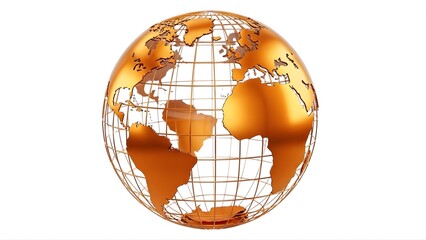 Shiny metallic gold wireframe globe sphere depicting detailed world map continents, isolated on white background