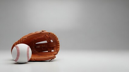 Classic baseball and brown leather glove resting on a clean grey background
