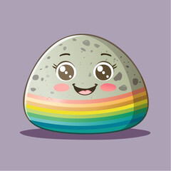 Cute cartoon rock with rainbow stripes and a smiling face on a purple background.