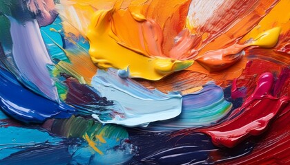 close up of vibrant paint strokes on textured canvas art