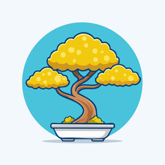 Illustration of a bonsai tree with yellow leaves in a white pot against a blue background.