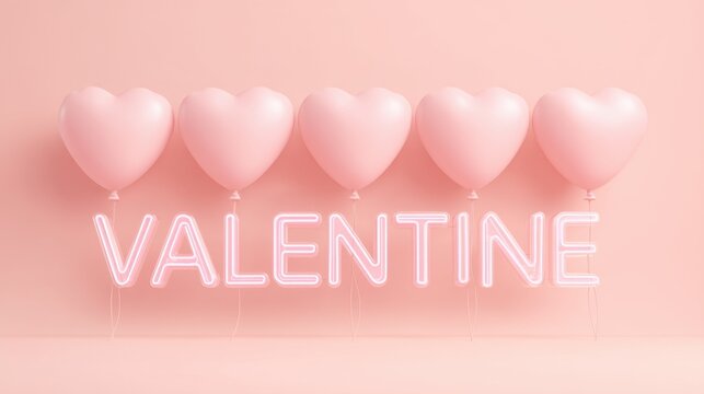 Romantic Valentine's Day Celebration with Pink Heart Balloons and Neon Text on Soft Pink Background for Sweetheart Events - Powered by Adobe