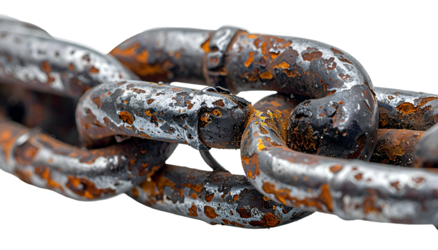 Close-up of a weathered, metal chain with significant rust, against a transparent background - Powered by Adobe