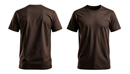 Two plain, brown t-shirts, front and back view, against a black background