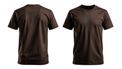 Two plain, brown t-shirts, front and back view, against a black background