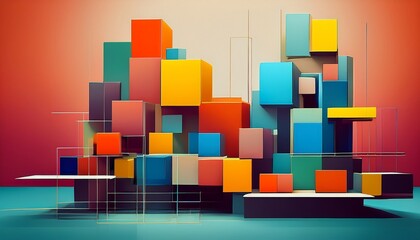 familiar objects constructed from layered colored squares with minimalist background