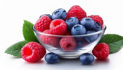 fresh and juicy raspberries and blueberries in a glass bowl with green leaves cut out