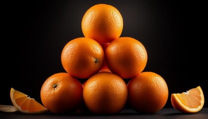 freshly stacked oranges in a pyramid formation on black background cut out