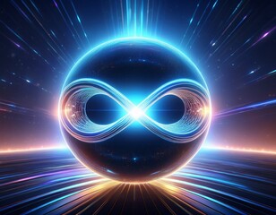 futuristic energy orb with infinity symbol glowing brightly in a cosmic sci fi scene science technology