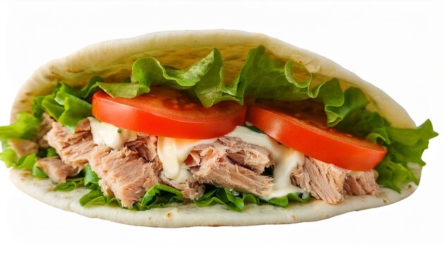 fresh tuna wrap with lettuce tomato and mayonnaise in flatbread cut out