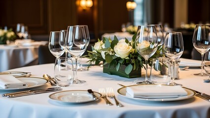 Fototapeta premium Formal dining table set with white tablecloth fine china silverware and floral centerpiece