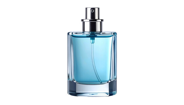 A rectangular glass fragrance bottle with light blue liquid against a black background