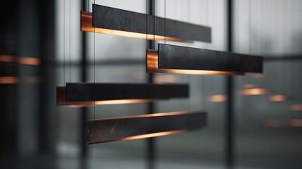 Modern hanging lamps illuminated indoors with blurred outdoors for architectural photography