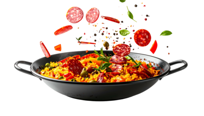 A paella pan filled with saffron rice and flying ingredients, set against black
