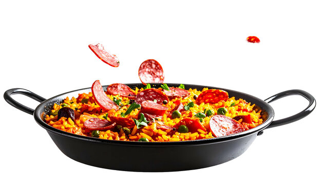 Vibrant paella dish in a black pan, ingredients like sausage falling from above