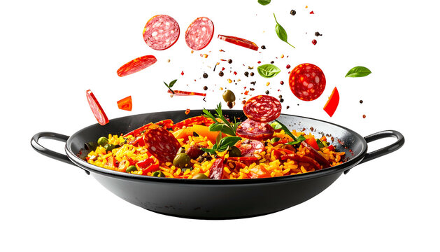 A paella pan filled with saffron rice and flying ingredients, set against black
