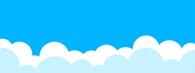 Clear blue sky with a border of fluffy white clouds cartoon background