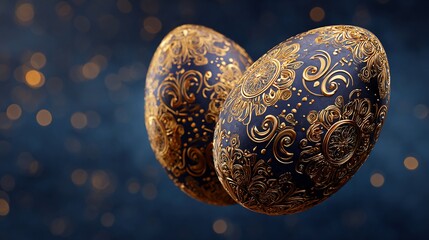 Ornate Easter eggs floating against a blurred blue background, for holiday celebrations