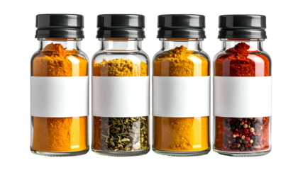 Four small glass spice jars with black lids, each filled with different colorful powders