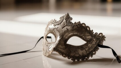 Ornate Venetian Masquerade Mask with Intricate Details on a Light Surface.